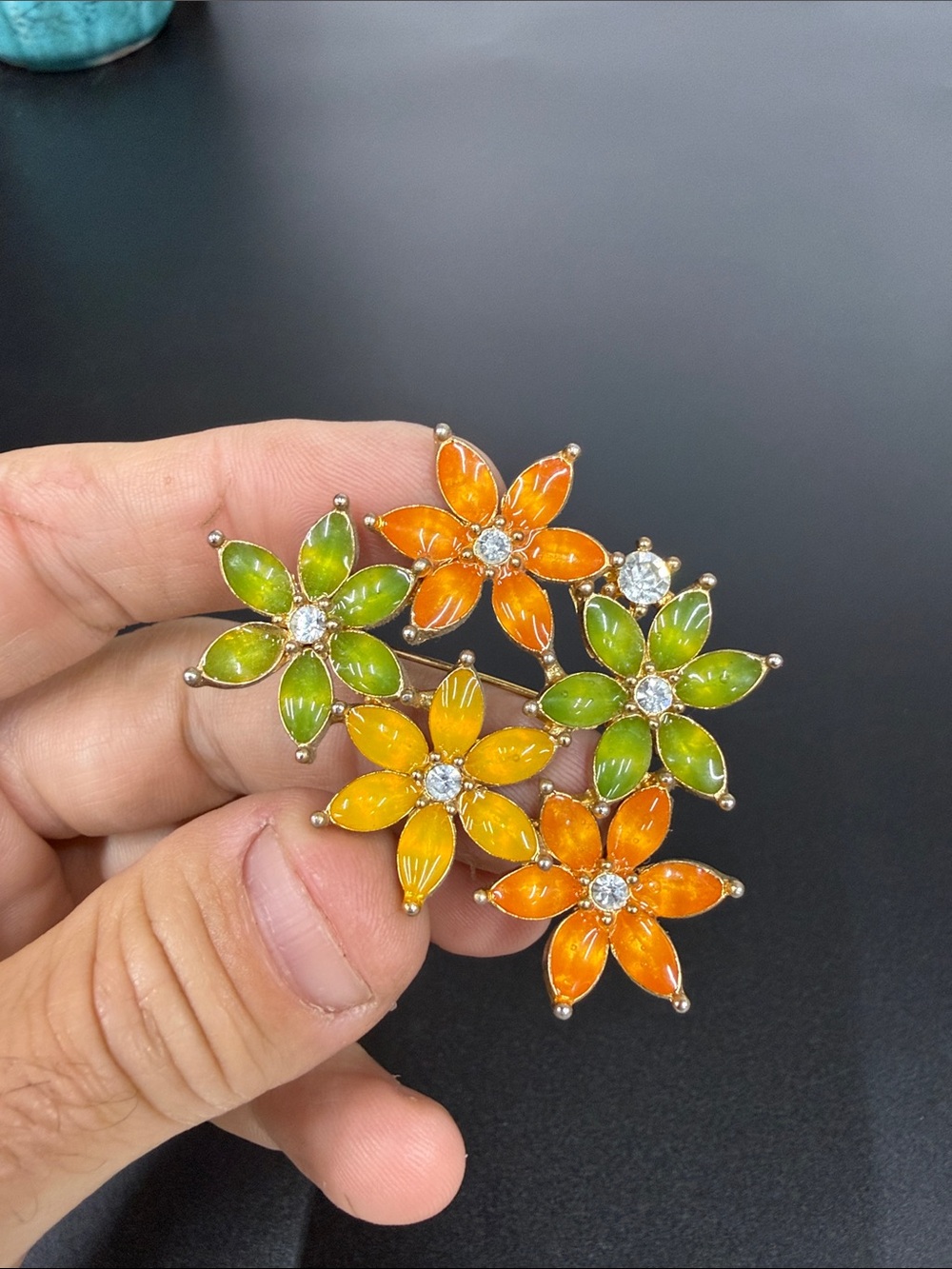 Multicolor Floral Brooch Pin - Green, Yellow & Orange